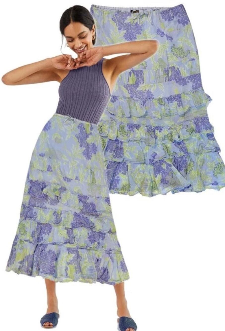 Fei Anthropologie Floral Tiered Ruffle Maxi Skirt Prairie Boho Women Size L NWT